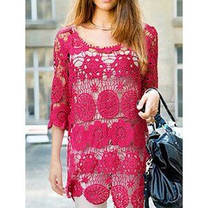 Hot Pink Open Knit Floral Sheer Cutouts Crochet Yarn Tunic Fuchsia See-Through